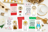 Set of 15 Saint Cards with quotes Set #5. Kid Saint Keychain set. First Communion. Baptism Gift. Catholic Gift. Saint Quotes on keychain.