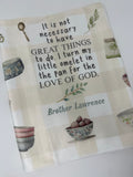 Brother Lawrence little omelet Catholic Saint kitchen towel. Hostess gift. Catholic farmhouse kitchen towel.