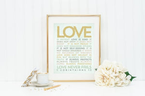 Love is Patient Love is Kind 8 x 10 Print. 1 Corinthians 13. Wedding Art.  Wall Decor. Wedding Wall Art. Gold Wedding Decor. Wedding gift.