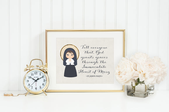 St Jacinta poster print. Saint Jacinta Wall Art Poster. First Communion. Tell everyone that God grants Grace Poster. Catholic Gift. Baptism.