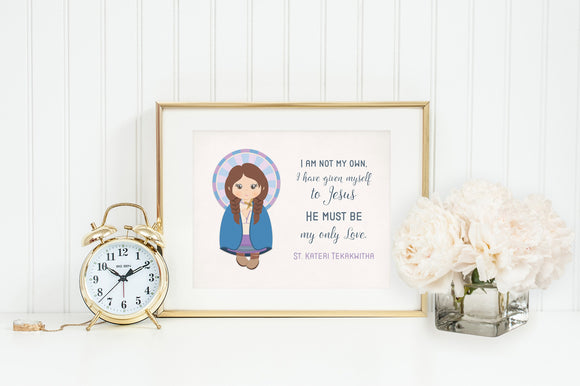 Saint Kateri poster print. St. Kateri Tekakwitha Wall Art Poster. First Communion. I am not my own Poster. Catholic Gift. Baptism Gift.