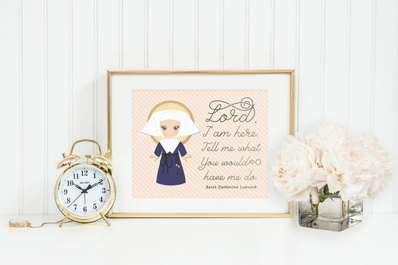Saint Catherine Laboure poster print. Lord I am here Wall Art Poster. First Communion. St. Catherine Laboure Print. Catholic Prayer Poster.