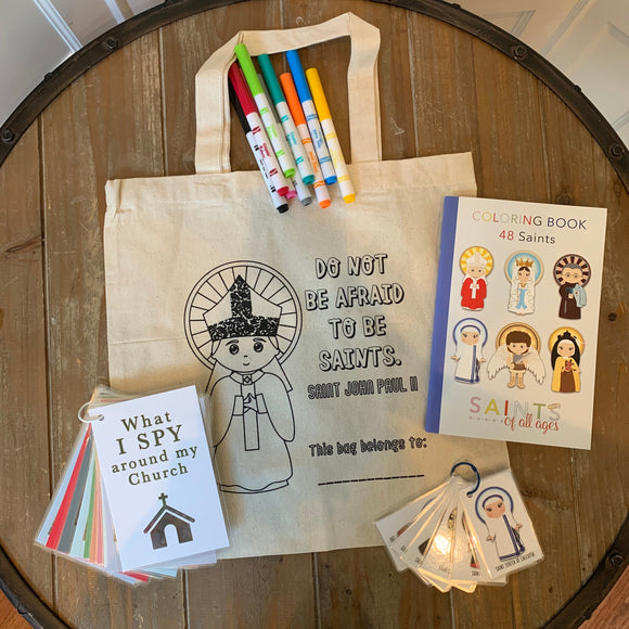 Mass Bag with Kids Coloring Tote Bag. Do not be afraid to be saints canvas bag. Catholic Mass Games. Catholic Saint Bag. Kids Church Bag.