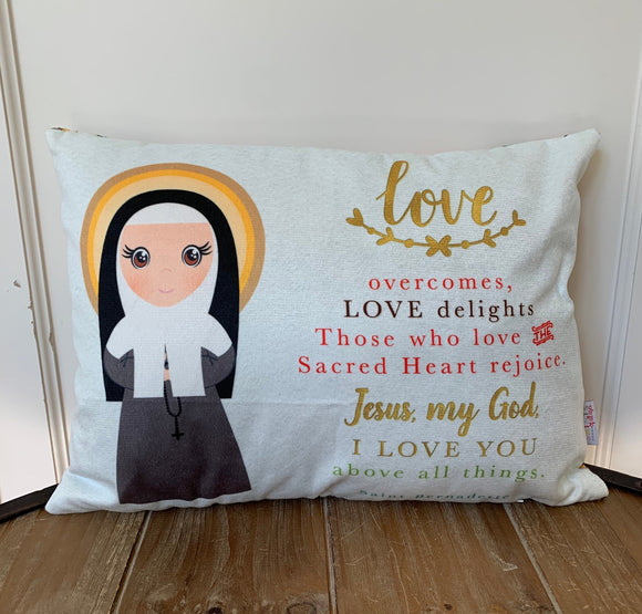 Saint Bernadette pillow. Love overcomes, Love delights. First Communion Gift. Catholic Gift. St. Bernadette Gift. Saint pillow. Baptism Gift