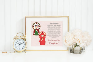 Saints Martha and Mary poster print. Sts Martha and Mary Wall Art Poster. Kids Room. Prayer Print. Catholic. Jesus visits Martha and Mary