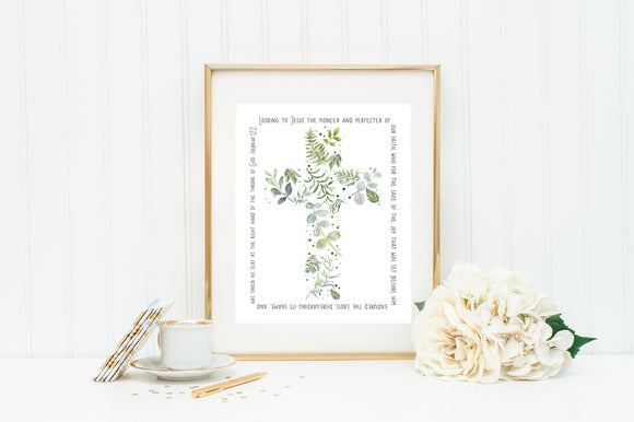 Hebrews 12:2 Scripture Cross Print. Leafy Cross Scripture Wall Art Poster Gift. Looking to Jesus Poster. Perfecter of our faith poster print