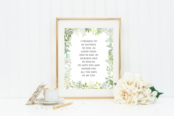 Vow print. Wedding Gift. I promise to be faithful vow wedding print. Wedding Greenery Prayer print. Christian Wall Art Print. Marriage Vows.