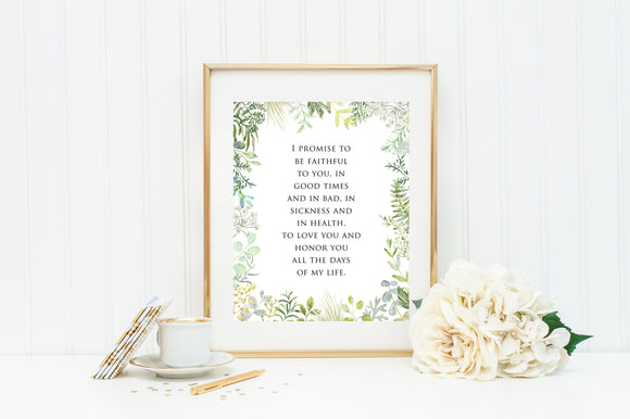 Vow print. Wedding Gift. I promise to be faithful vow wedding print. Wedding Greenery Prayer print. Christian Wall Art Print. Marriage Vows.