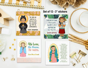 Set #4 of 12 - 3" Saint Stickers. Kids Saint Stickers. First Communion. Homeschooling Catholic Gift. Catholic Saint Stickers. Prayer Sticker