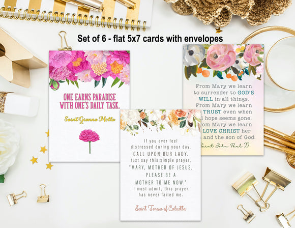 Set of 6 Motherhood Saint Quote Note Cards. Motherhood Notes w/ Saint Quotes. Catholic gift. Mother's Day. St. Therese, JPII, Mother Teresa