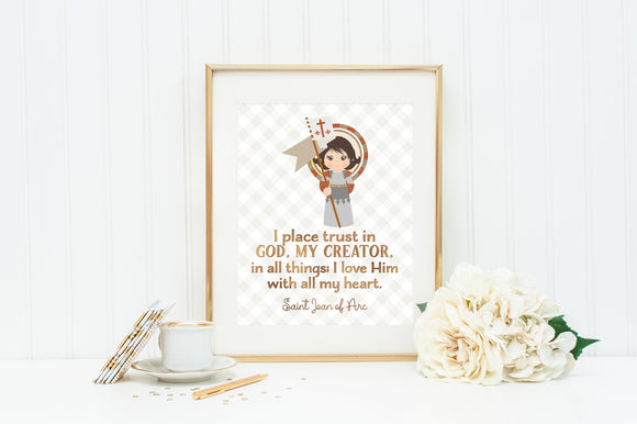 St Joan of Arc poster print. St. Joan of Arc Wall Art Poster. First Communion. I place trust in God Prayer Poster. Catholic Poster. Baptism
