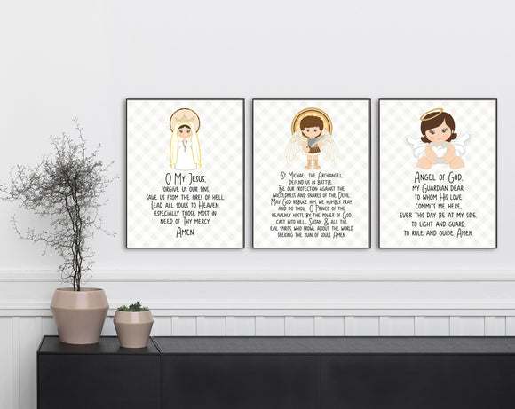 Prayer Print Set. Fatima Prayer, Saint Michael and Angel of God Art Prints. Christian Wall Art Print. Kids Prayer Print. Farmhouse Prayer