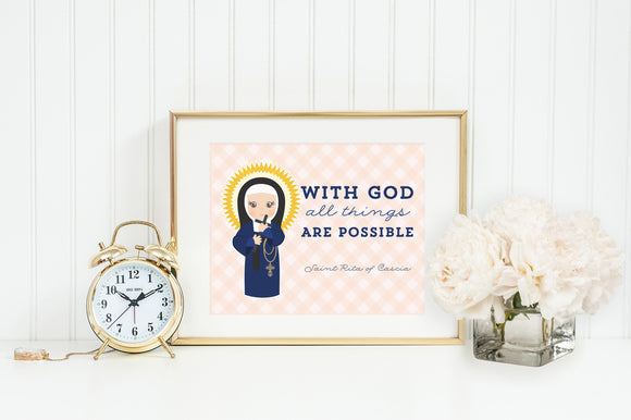 Saint Rita of Cascia prayer print. Saint Rita Wall Art Poster. Nursery Prayer Print. Catholic Poster. Baptism Gift. With God all things