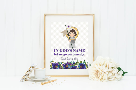St Joan of Arc poster print. St. Joan of Arc Wall Art Poster. First Communion. In God's name let us go on bravely. Catholic Poster. Baptism