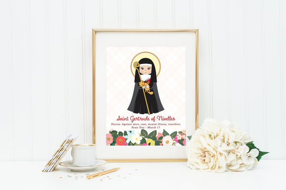 Saint Gertrude of Nivelles print. St. Gertrude Wall Art Poster Gift. Patron Saint of Cats Poster. Catholic Poster. Gertrude gift.