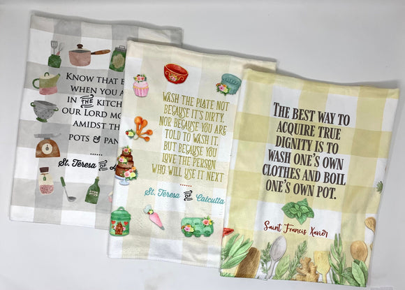 Set of 1, 2, 3, or 4 Catholic Saint Kitchen Towels. Pots and Pans Avila Towel. Mother Teresa Towel. Francis Xavier kitchen towel. Hostess gift. Brother Lawrence towel. Saint Clement towel.