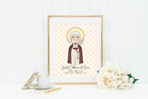 Saint Catherine de Ricci poster print. St Catherine Wall Art Poster. First Communion. Kids Room Prayer Poster. Catholic Poster. Baptism Gift