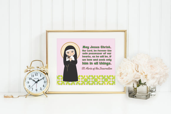 Saint Marie of the Incarnation poster print. St Marie Wall Art Poster. First Communion. Kids Room Prayer Poster. Catholic Poster. Baptism.