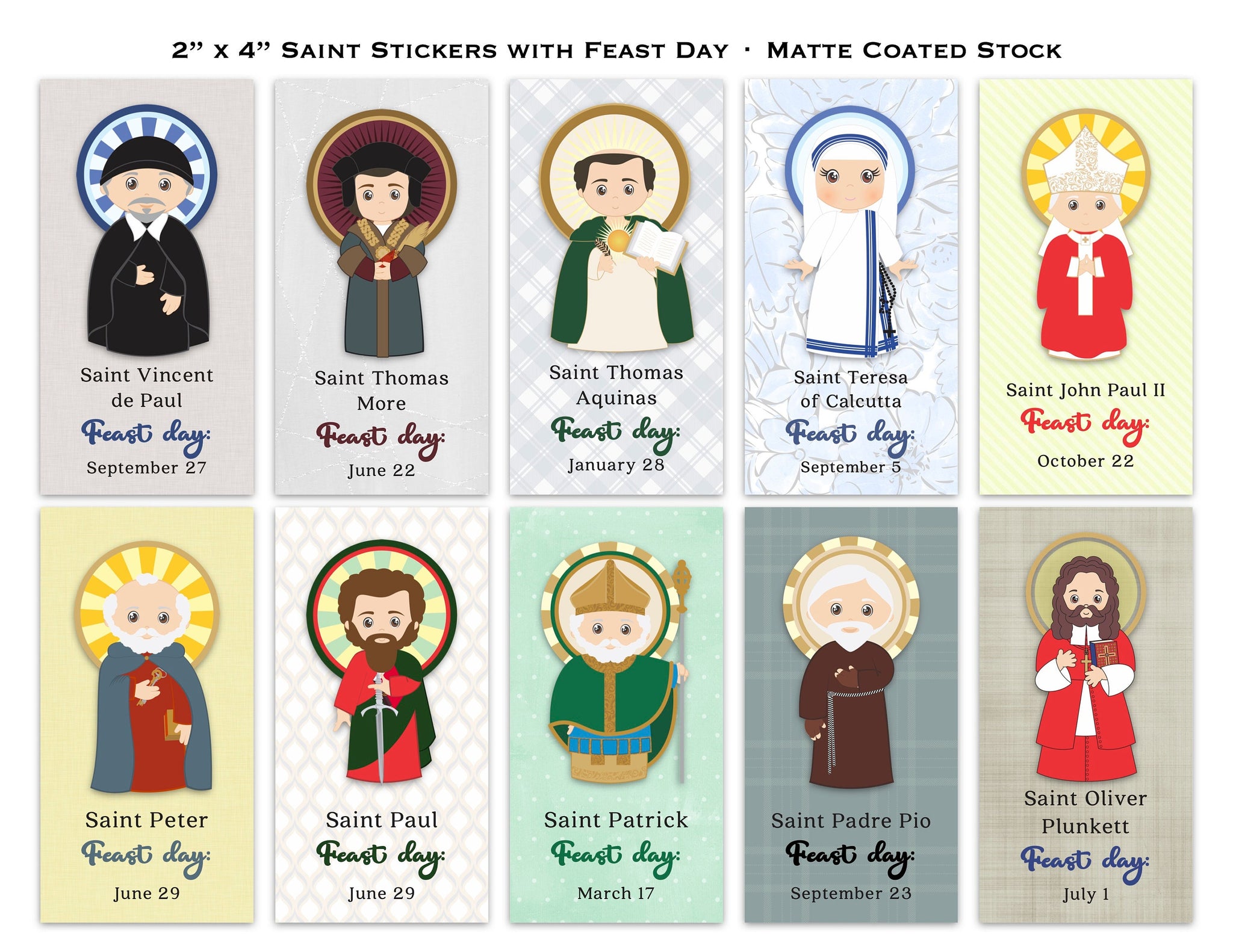 Set of 50 - 2x4 Saint Stickers with feast day. Kids Saint