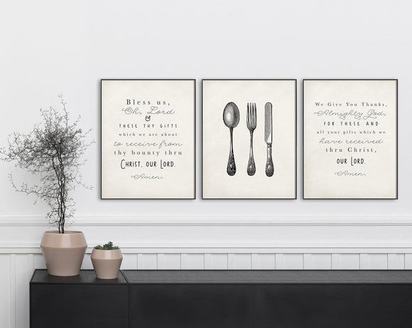 Set of 3 - 8x10 Kitchen Prayer Print Posters. Bless us oh Lord, Utensil and We Give you Thanks prayer print set. Catholic Prayer Print Gift.
