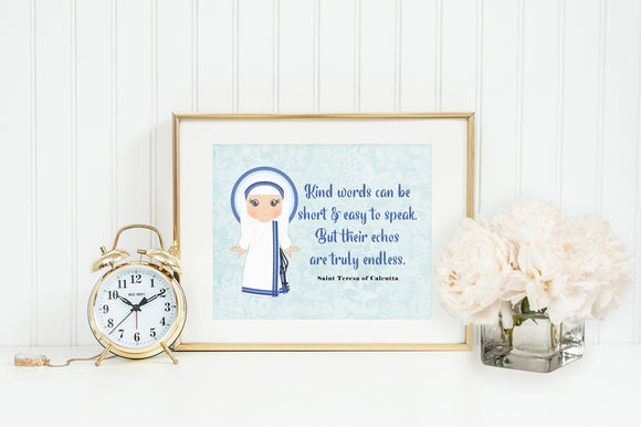 Mother Teresa of Calcutta poster print. Kind words can Wall Art Poster. Nursery Art. Kids Room Print. Prayer Print Poster. Catholic Poster.