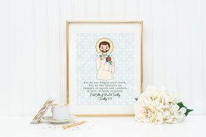 St Timothy poster print. Saint Timothy Wall Art Poster. First Communion. 1 Timothy 4:12. Catholic Gift. Baptism. Timothy Gift.