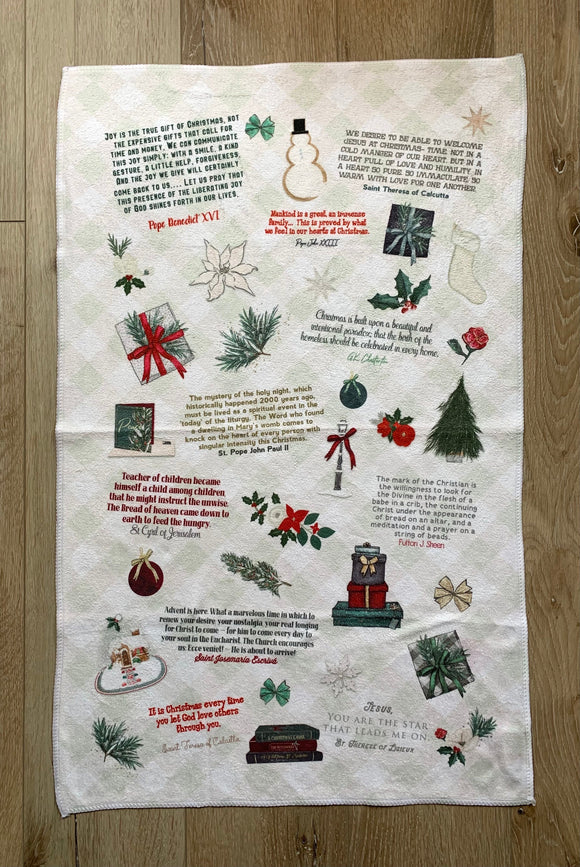 Christmas quotes from Catholic Saints Kitchen JPII, Fulton Sheen, Therese Towel. Mother Teresa, GK Chesterton kitchen towel. Hostess gift.