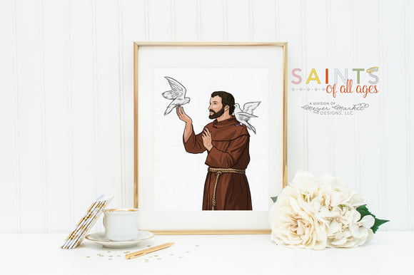 Saint Francis of Assisi portrait. St. Francis Wall Art Poster. First Communion. Kids Room. Prayer Poster. Catholic Poster. Baptism Gift.