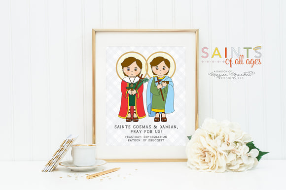 Saints Cosmas and Damian poster print. Sts. Cosmas and Damian Wall Art. First Communion. Kids Room Prayer Poster. Catholic Baptism Gift.