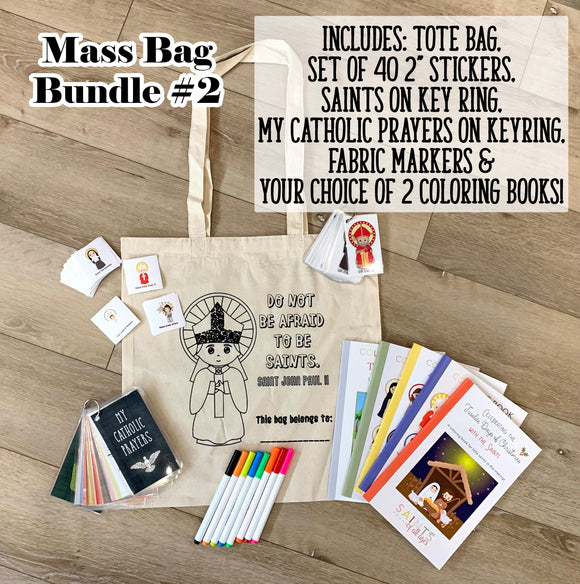 Mass Bag #2 with Kids Coloring Tote Bag. Toddler Mass bag with coloring books and stickers & canvas bag. Catholic Mass. Kids Church Bag