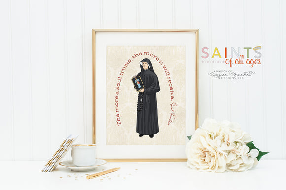 St Faustina poster print. Saint Faustina Wall Art Poster. First Communion. The more a soul trusts Poster. Catholic Gift. Baptism Gift.