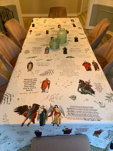 Saint quotes pattern Water resistant tablecloth. Saints Prayer Blanket. ~70” x 126” Catholic Saint Quote Tablecloth. Baptism Gift. Catholic.