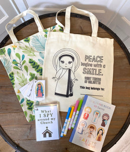 Mass Bag with Kids Coloring Tote Bag Set 2. Mother Teresa saints canvas bag. Catholic Mass Games. Catholic Saint Bag. Kids Church Bag.