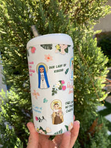 Marian 18 oz water bottle. Our Lady Water bottle. Catholic Water bottle Gift. Saint Gift. Lourdes, Guadalupe, Mount Carmel, Fatima straw cup